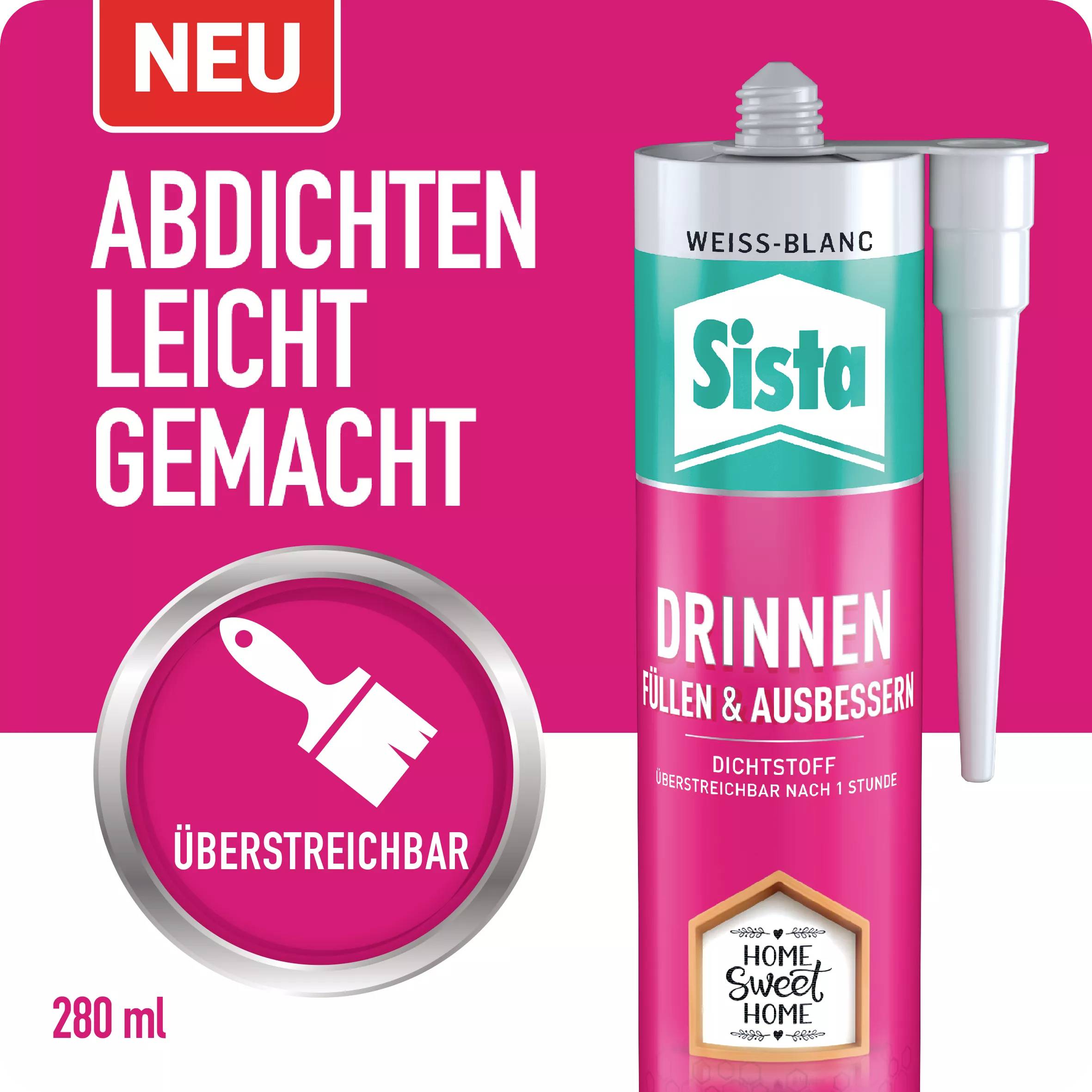 Eine rote Verpackung von Abdichtungsmasse der Marke Sista für Innenanwendungen. Text: 'Neu, Abdichten leicht gemacht, überstreichbar'.