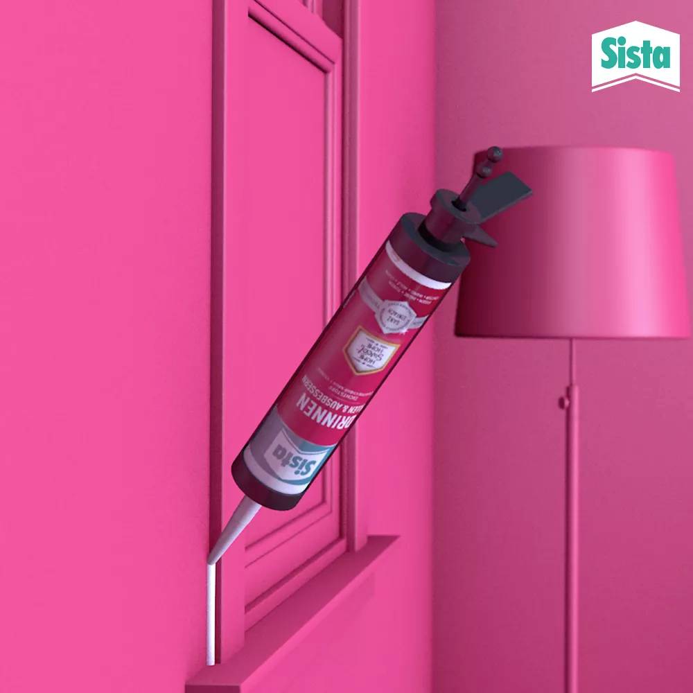 Ein pinkes Zimmer mit Lampe und Fenster. Eine Silikonkartusche wird zum Abdichten des Fensters verwendet. Oben rechts steht 'Sista'.