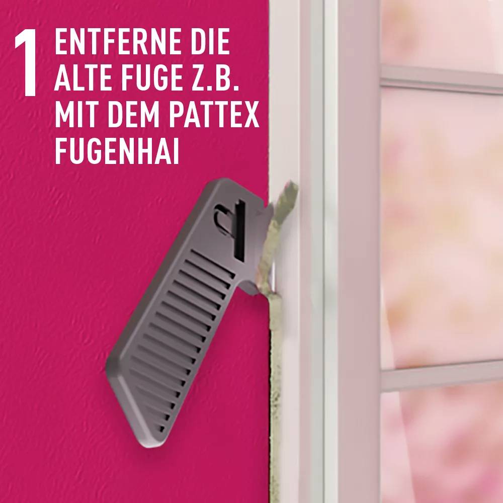 'Entferne die alte Fuge, z.B. mit dem Fugenhai.' Abbildung zeigt ein Werkzeug zum Entfernen von Fugen an einer Wand.