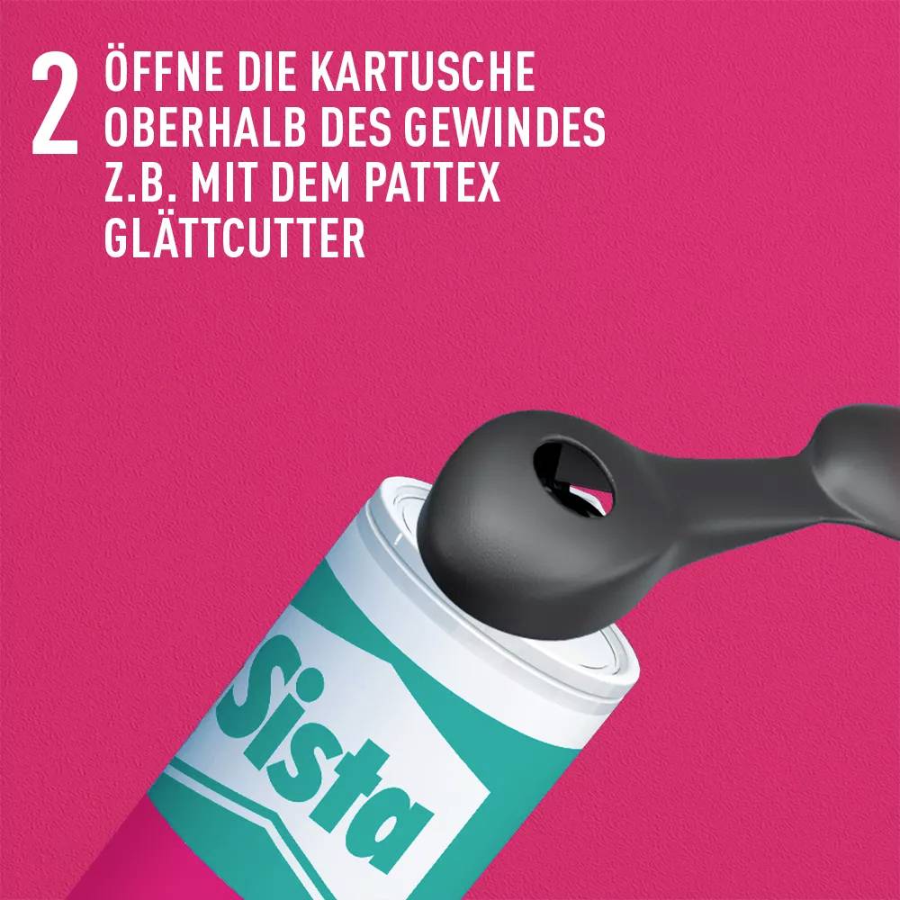 'Öffne die Kartusche oberhalb des Gewindes z.B. mit dem Pattex Glättcutter.' zeigt eine Kartusche mit einem schwarzen Werkzeug.