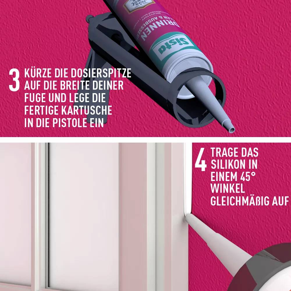 Ein Auftragungsgerät mit Silikonkartusche zeigt, wie ein Dichtmittel in einem 45-Grad-Winkel gleichmäßig auf eine Fensterfuge aufgetragen wird.
