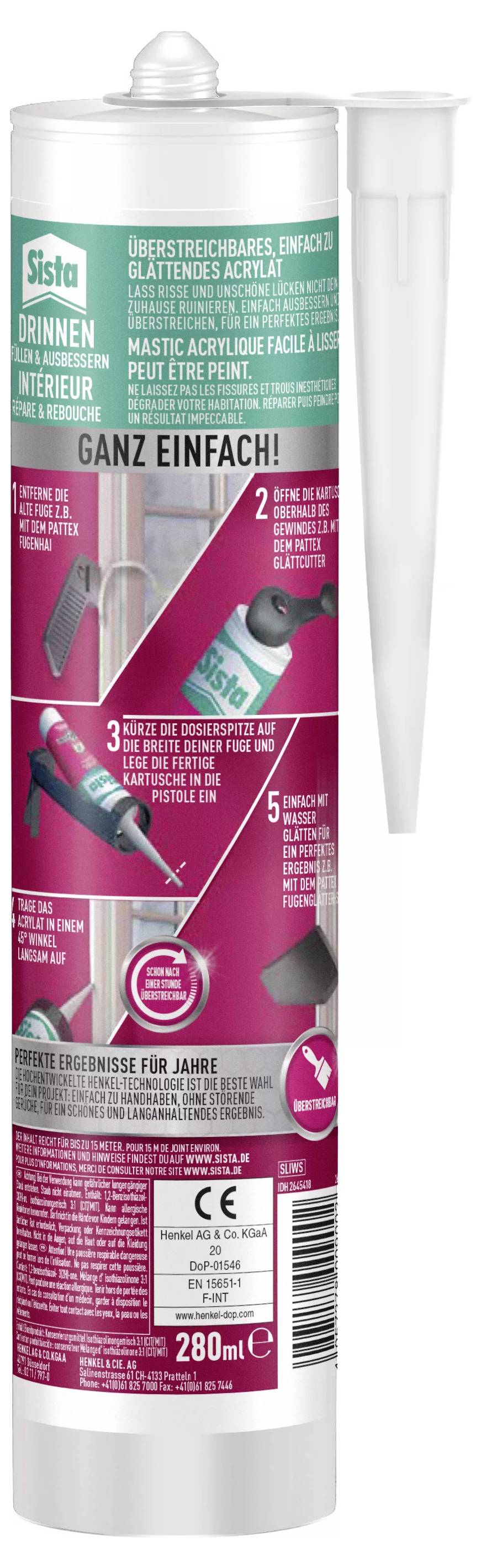 Kartusche einer Acryl-Dichtmasse für den Innenbereich. Anleitung: Schneiden, Spitze aufsetzen, auftragen, verstreichen, trocknen. Inhalt: 280 ml.