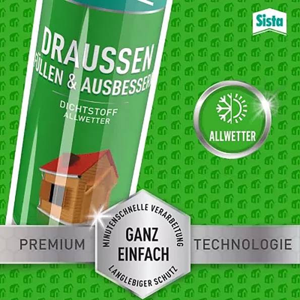 Dichtstoff für Außeneinsatz, wetterfest. Geeignet zum Abdichten und Ausbessern. Bild zeigt Dose mit Hausgrafik und Allwetter-Symbol.