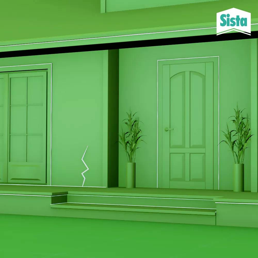 Ein Haus mit zwei Türen und Pflanzen, ein Riss in der Wand. Oben rechts das Logo von 'Sista'.
