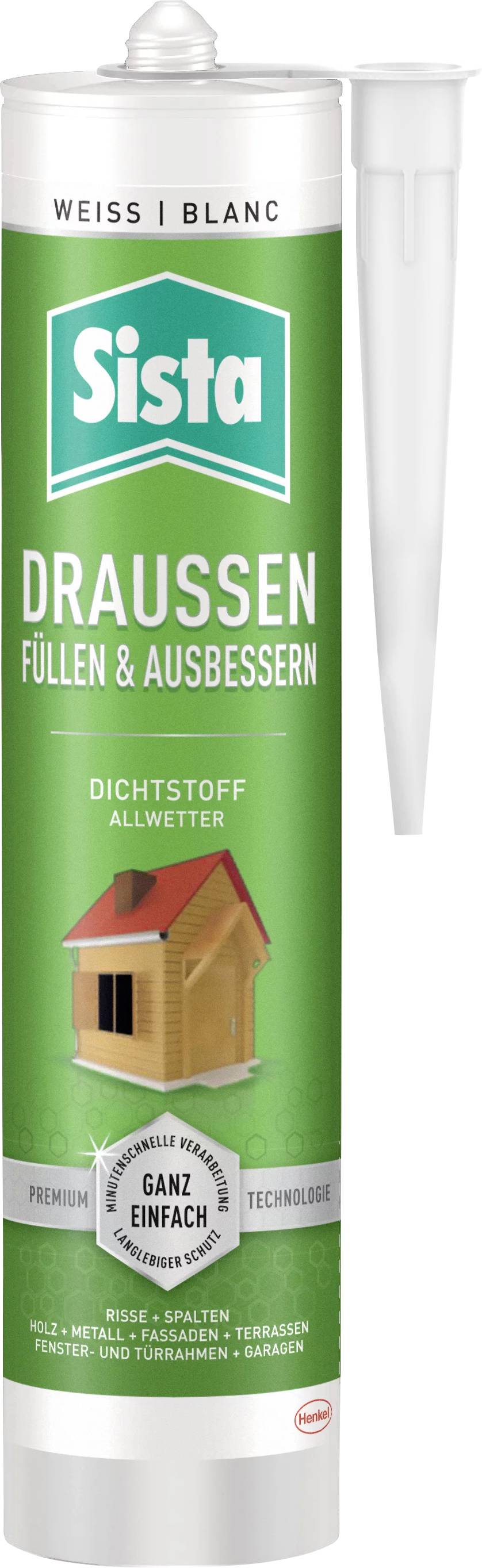 Eine Tube Dichtstoff, Marke 'Sista', für Außenanwendungen. Angabe 'Draußen füllen & ausbessern', geeignet für Risse und Spalten.