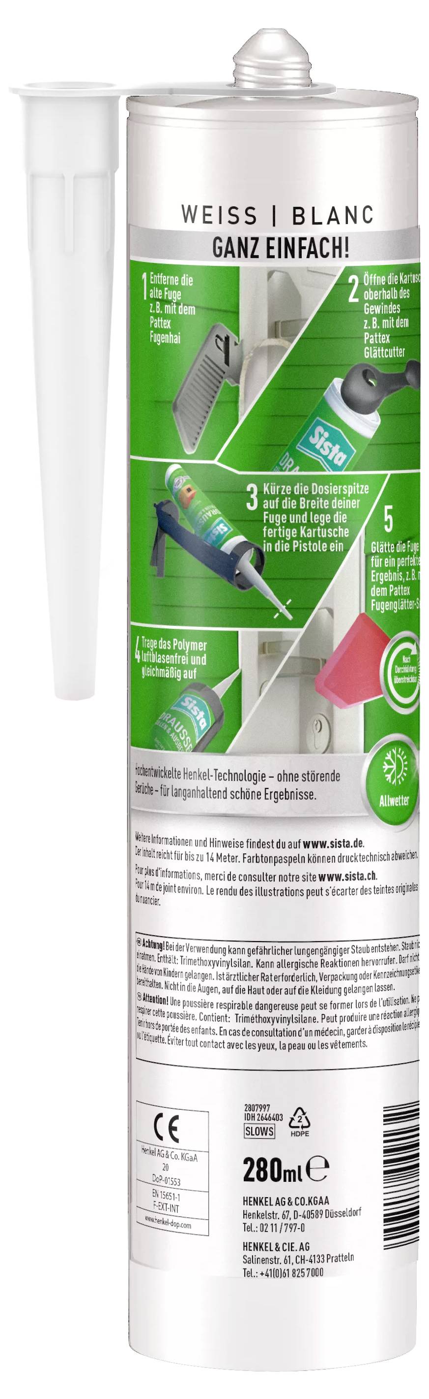 'ACRYL' Dichtstoff in Weiß, 280ml Kartusche, Anleitung zeigt einfache Schritte zur Anwendung mit Bildern von Werkzeugen und Oberflächen.