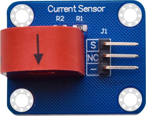 Stromsensor-Modul: Rechteckige blaue Platine mit roter Spule und drei silbernen Pins, gekennzeichnet mit 'S', 'NC' und '-'.