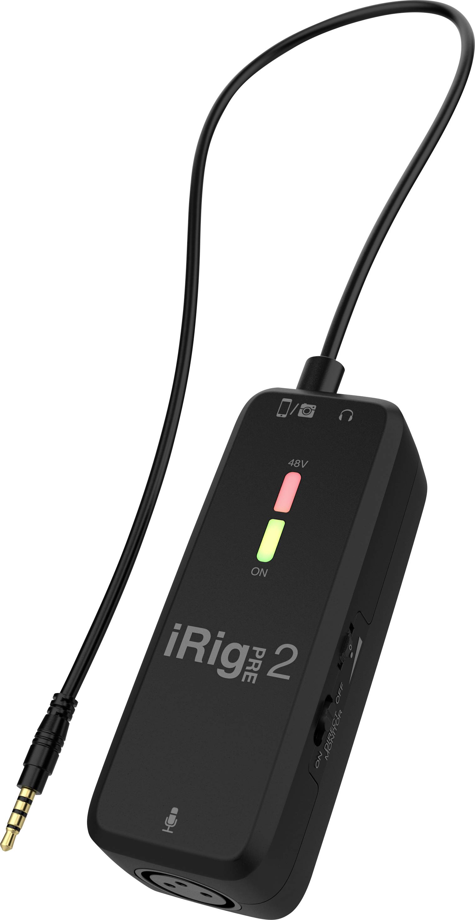 Schwarzer iRig Pre 2 Mikrofonvorverstärker mit Kopfhöreranschluss, XLR-Eingang und LED-Leuchtanzeige für 'Off' und 'On'.