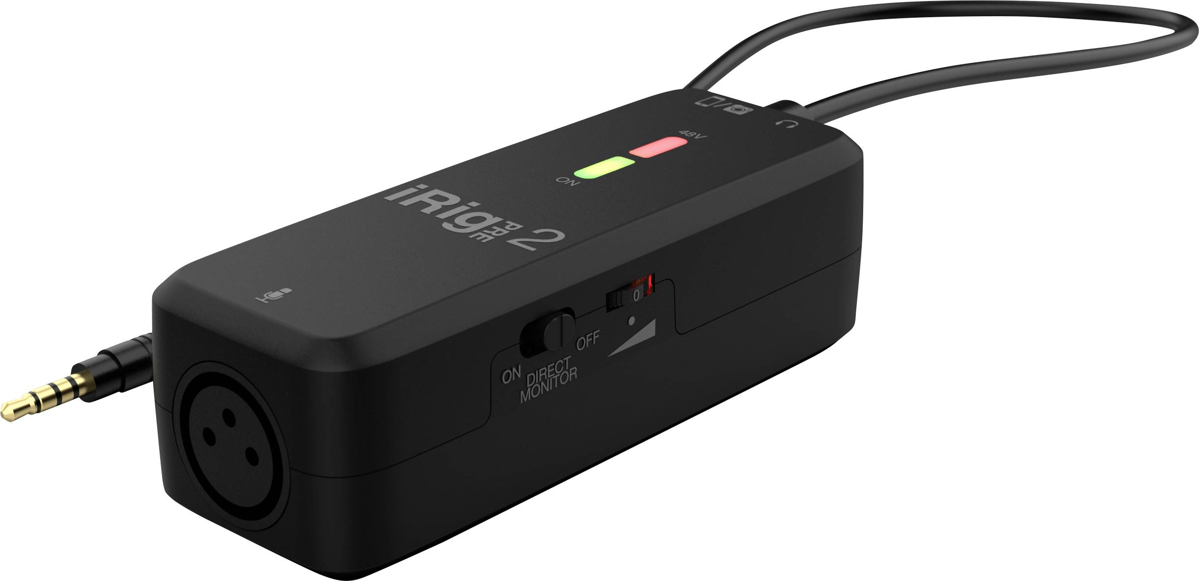 Ein Audiointerface zur Verbindung von Instrumenten mit mobilen Geräten. Es verfügt über einen XLR-Anschluss und verschiedene Schalter.