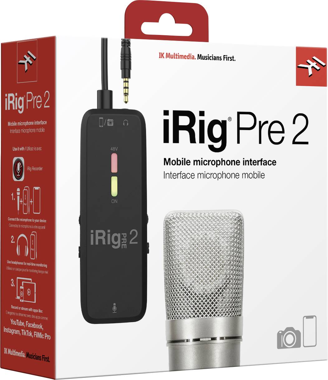 Verpackung des iRig Pre 2, ein mobiles Mikrofon-Interface mit XLR-Anschluss und Phantomspeisung für mobile Aufnahmen auf Smartphones.