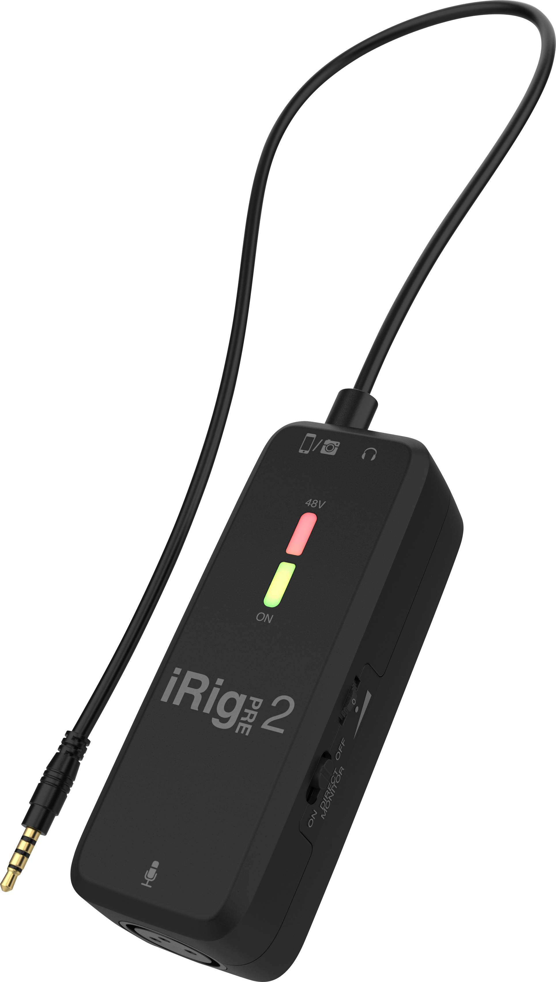 Tragbarer Mikrofonvorverstärker 'iRig Pre 2' mit Klinkenanschluss und LED-Anzeigen, geeignet für die Tonaufnahme mit mobilen Geräten.