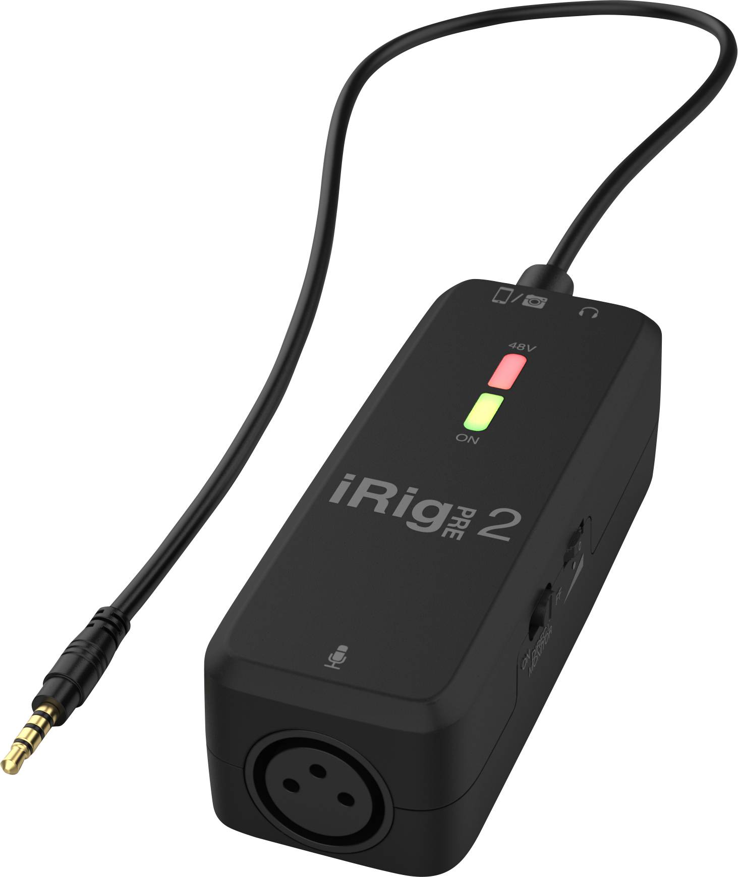 Schwarzer iRig Pre 2 Audio-Adapter mit XLR-Eingang, Kopfhöreranschluss und LED-Anzeigen für Power und Status.
