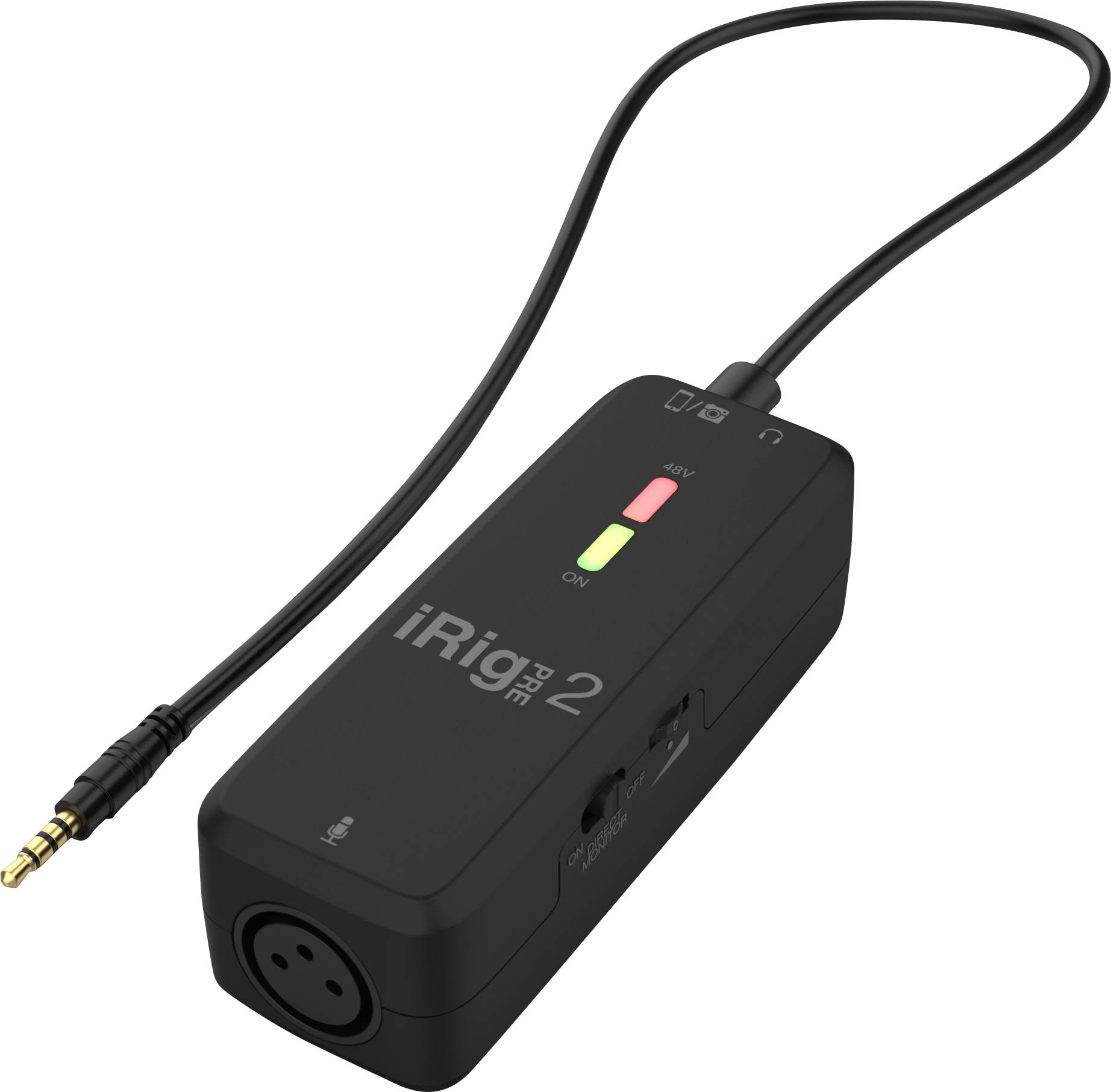 Schwarzes iRig PRE 2 Mikrofon-Interface mit eingebautem Kabelanschluss und XLR-Eingang zur Verbindung mit mobilen Geräten.