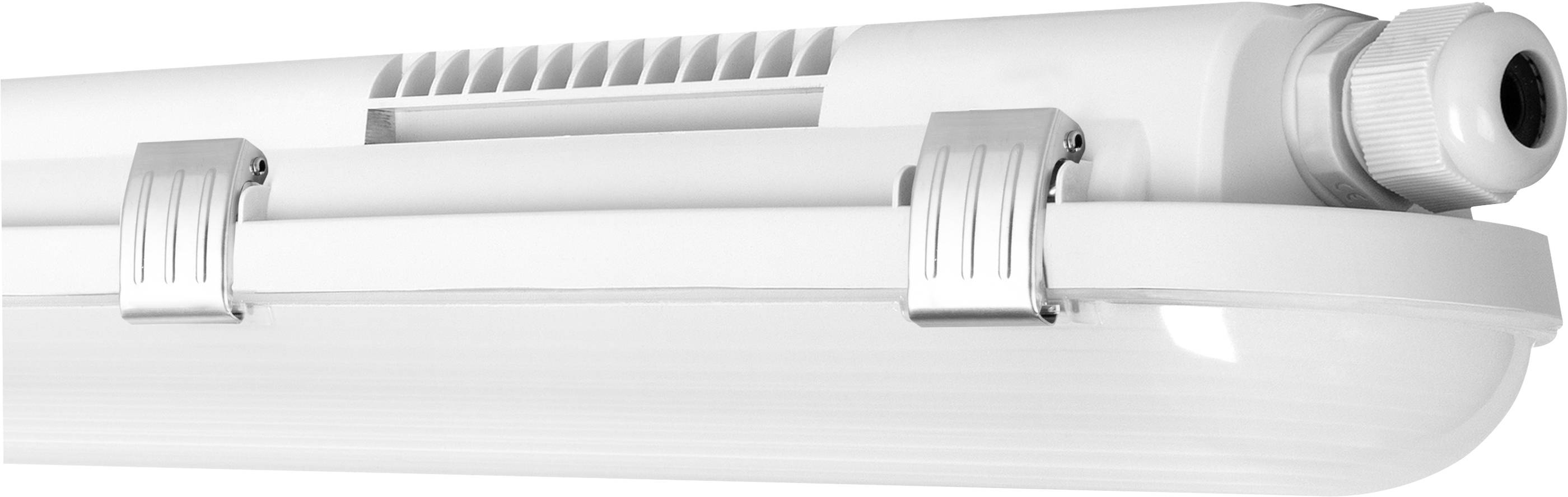 Ein weißes, längliches LED-Leuchtmittel mit silbernen Klammern befestigt, geeignet für industriellen Einsatz oder große Räume.