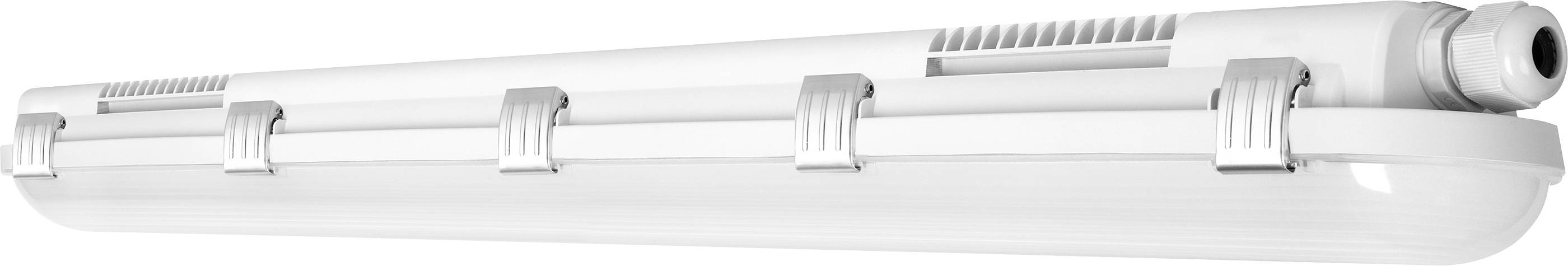 Längliche, weiße LED-Leuchte mit mehreren silbernen Halterungen, geeignet für industrielle oder gewerbliche Beleuchtung.