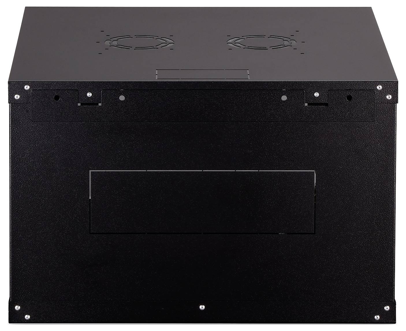 Eine schwarze, rechteckige Box mit Belüftungsschlitzen auf der Oberseite, möglicherweise ein Server- oder Elektronikgehäuse. Keine sichtbaren Markennamen oder Etiketten.