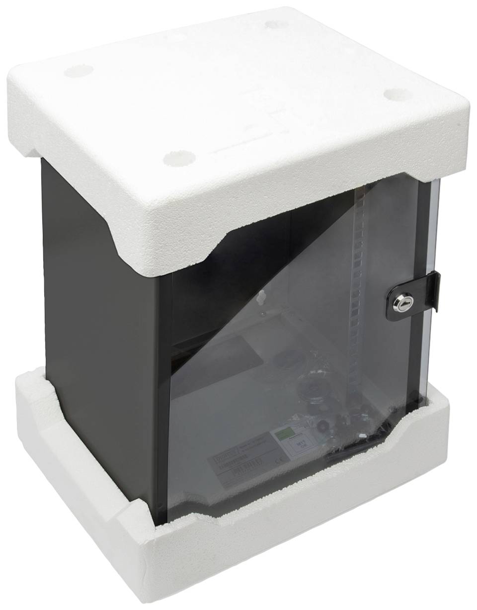 Ein schwarzer Elektronikschrank mit transparentem Vorderteil und weißen Styroporkanten. Tür mit Schloss sichtbar.