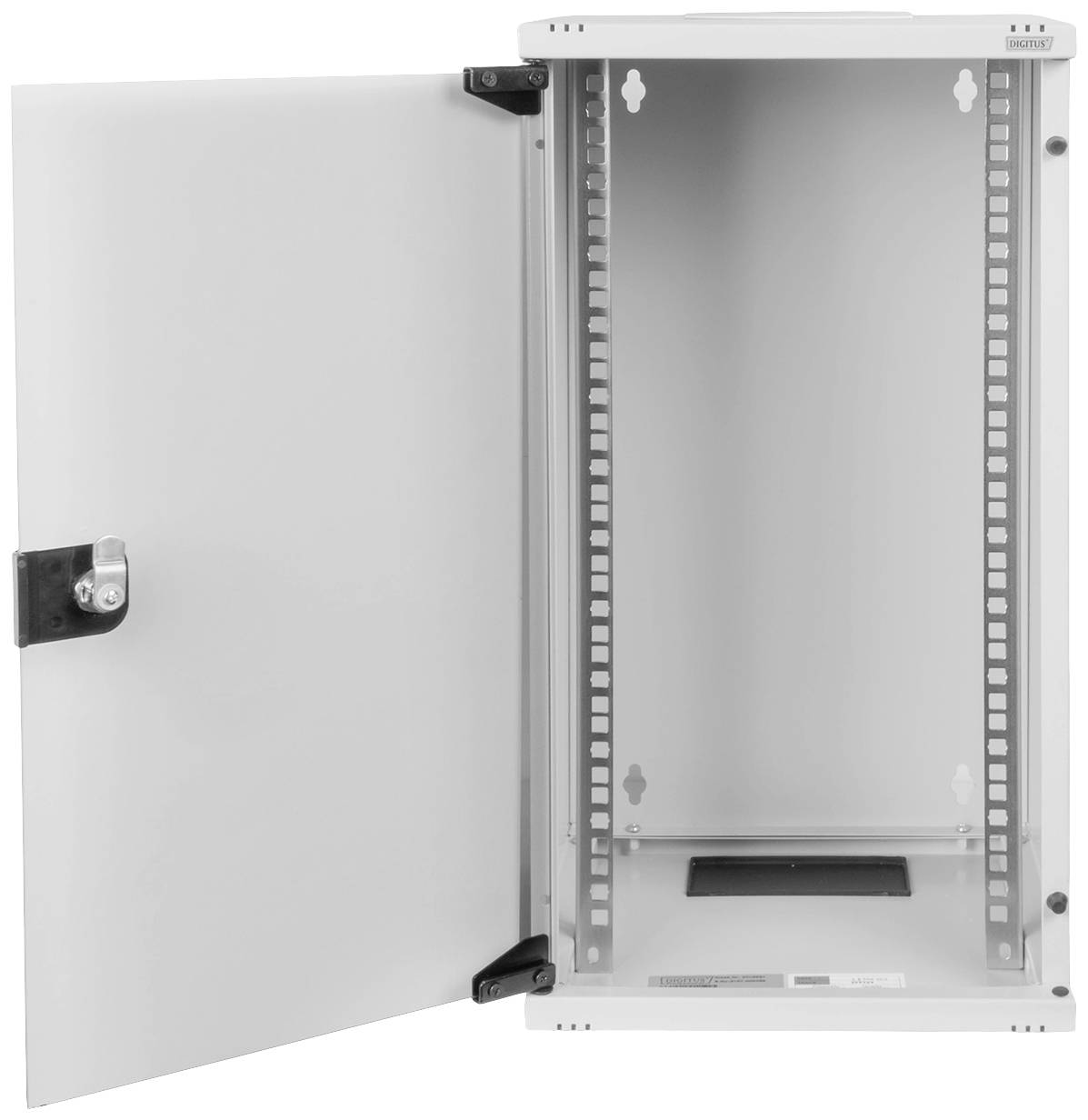 Grauer Wandschrank mit offener Tür, innen leeres Regal mit Metallrahmen und Kabeldurchlass unten. Ideal zur Montage von Geräten.