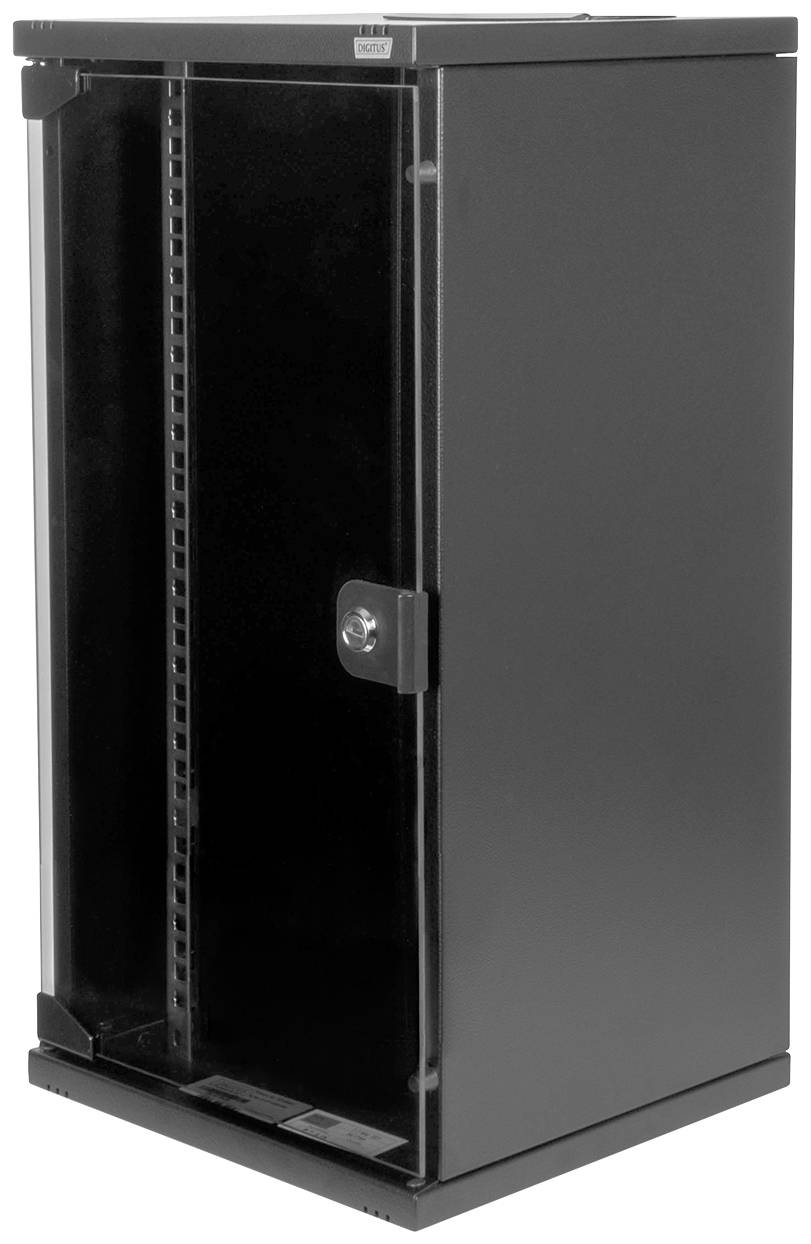 Ein schwarzer, leerer Server-Schutzschrank mit Glastür für die Netzwerkausrüstung in geschlossener Position.