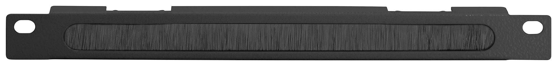 Ein schwarzes, rechteckiges Metallteil mit seitlichen Befestigungslöchern, vermutlich ein Montagezubehör für ein technisches Gerät.