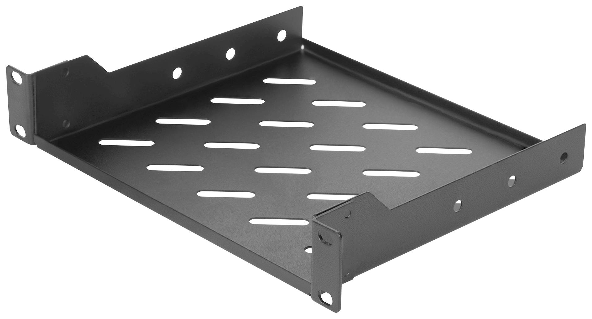 Schwarzes Metallregal mit Löchern, geeignet zur Montage in einem Schrank oder Rack zur Unterstützung elektronischer Geräte.