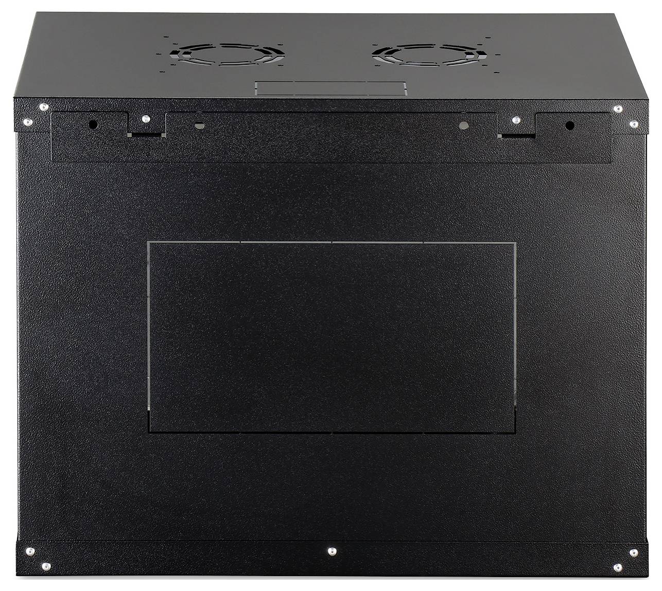 Schwarzes Serverrack, Frontansicht, mit Lüftungsventilatoren oben und einem zentralen herausnehmbaren Panel.