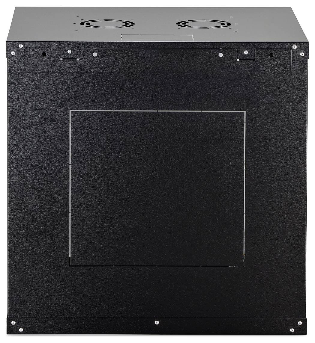 Ein schwarzer Server-Schrank mit Lüftungsventilatoren auf der Oberseite, von vorne betrachtet. Er ist geschlossen und für die Lagerung von elektronischer Ausrüstung konzipiert.