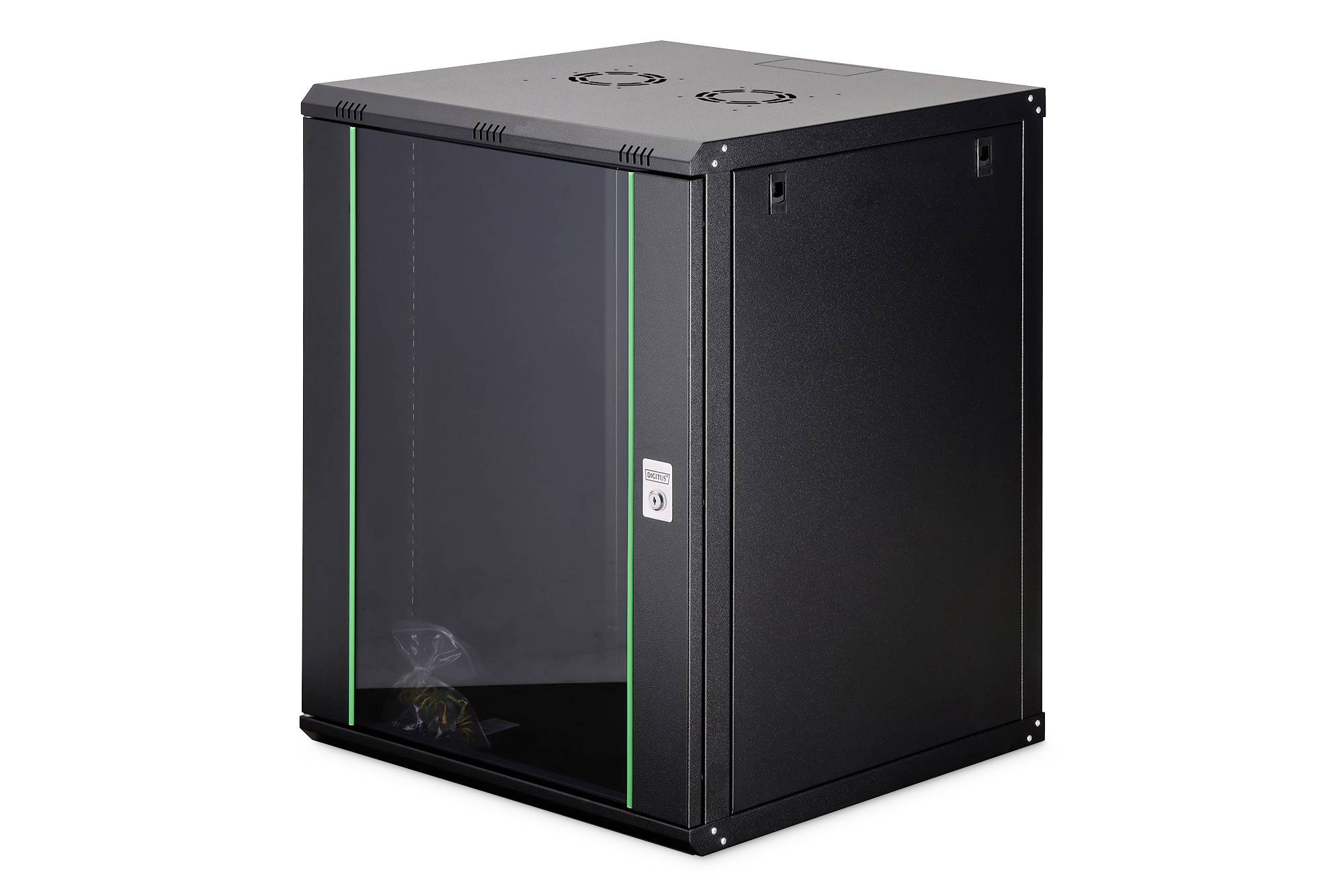 Ein schwarzer ServerSchrank mit grünen Akzenten, ausgestattet mit einer Glasfront-Tür, Belüftung auf der Oberseite und einem sicheren Verschließmechanismus.