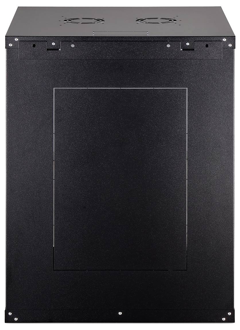 Ein schwarzes Servergestell mit Lüftern auf der Oberseite, von vorne betrachtet.