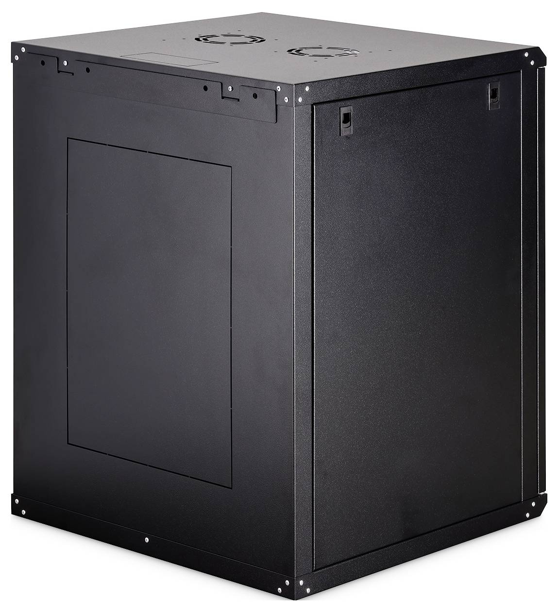 Schwarzer Computer-Serverschrank mit massiver Frontseite und belüfteten Deckplatten, verwendet zum Unterbringen und Schutz von Servern und Netzwerkausrüstung.