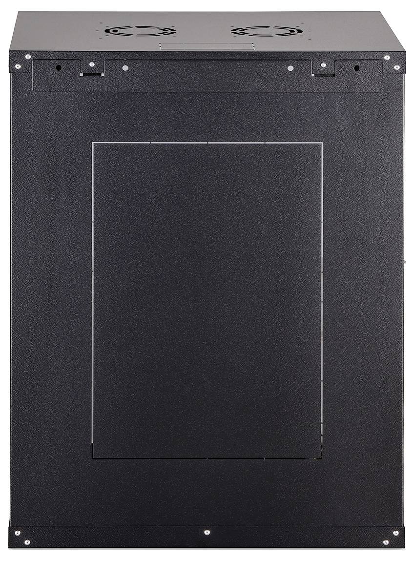 Ein schwarzer rechteckiger Metallschrank mit Lüftungsventilatoren auf der Oberseite, der wahrscheinlich zur Aufbewahrung oder Organisation von elektronischen Geräten verwendet wird.