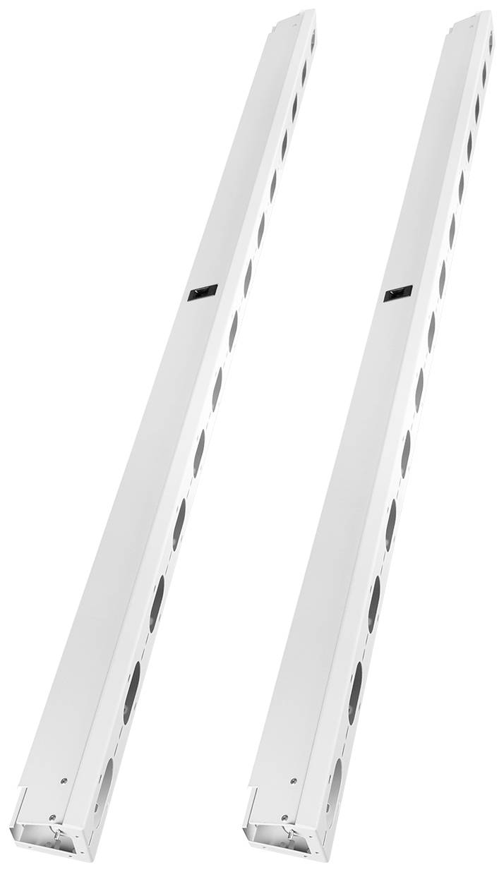 Zwei weiße, längliche Metallleisten mit runden Öffnungen, nebeneinander angeordnet und leicht diagonal ausgerichtet.