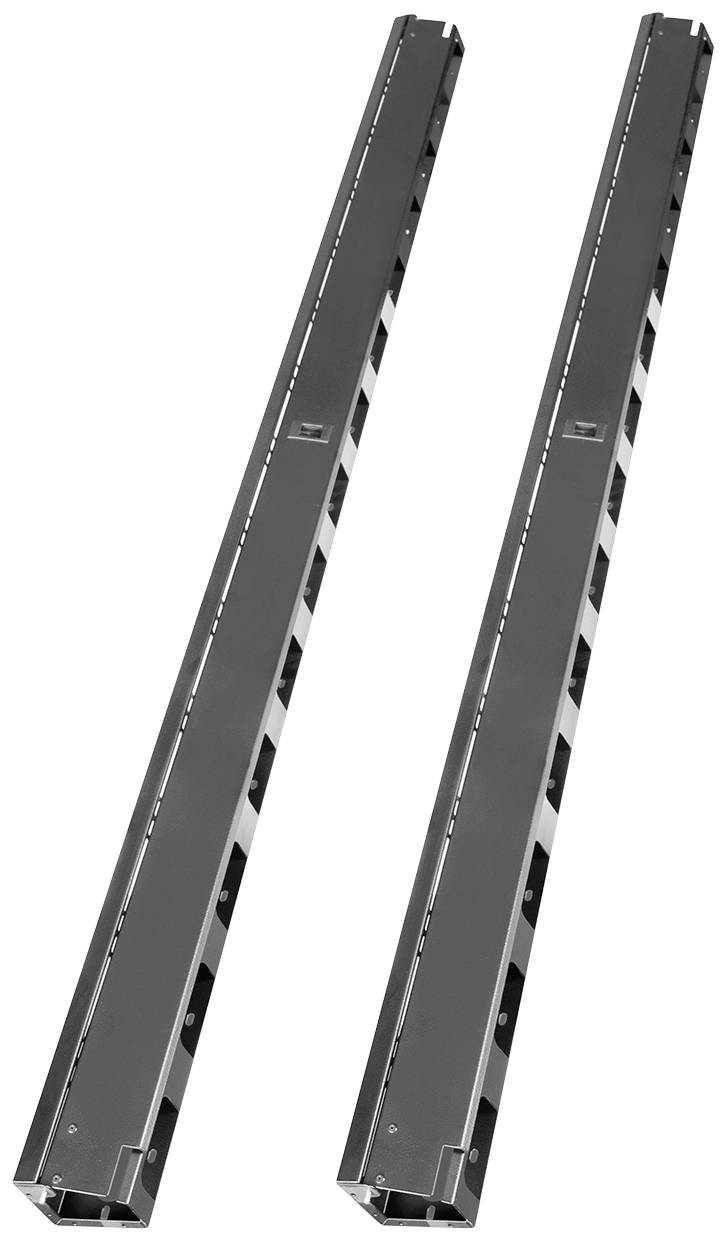 Zwei lange, schwarze Metallstreben mit seitlichen Öffnungen, parallel zueinander angeordnet. Sie sind Komponenten eines Regalsystems.