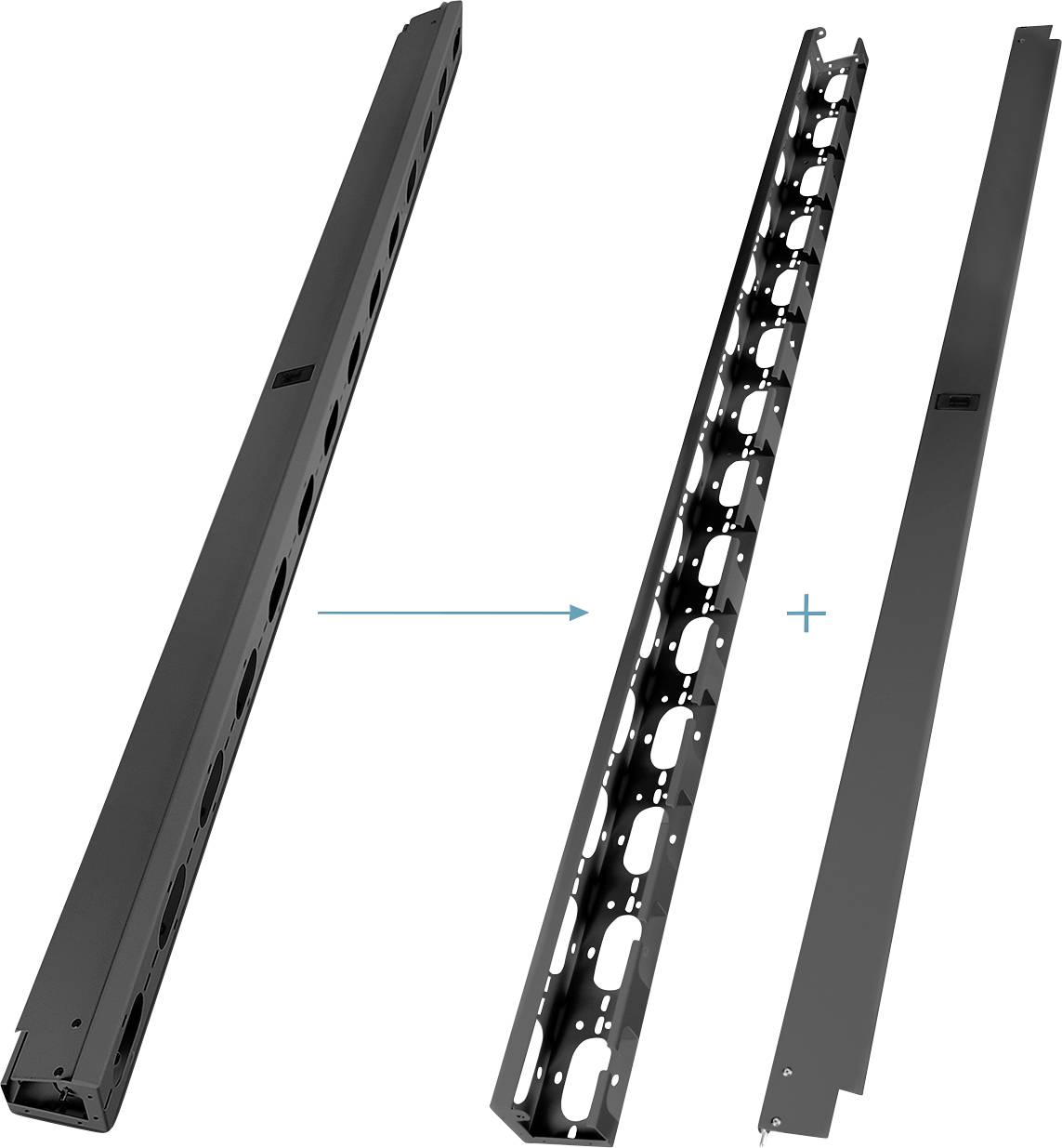 Drei schwarze Metallteile eines Racks, darunter ein montiertes Rack, eine perforierte Halterung, und eine Abdeckung, getrennt voneinander dargestellt.