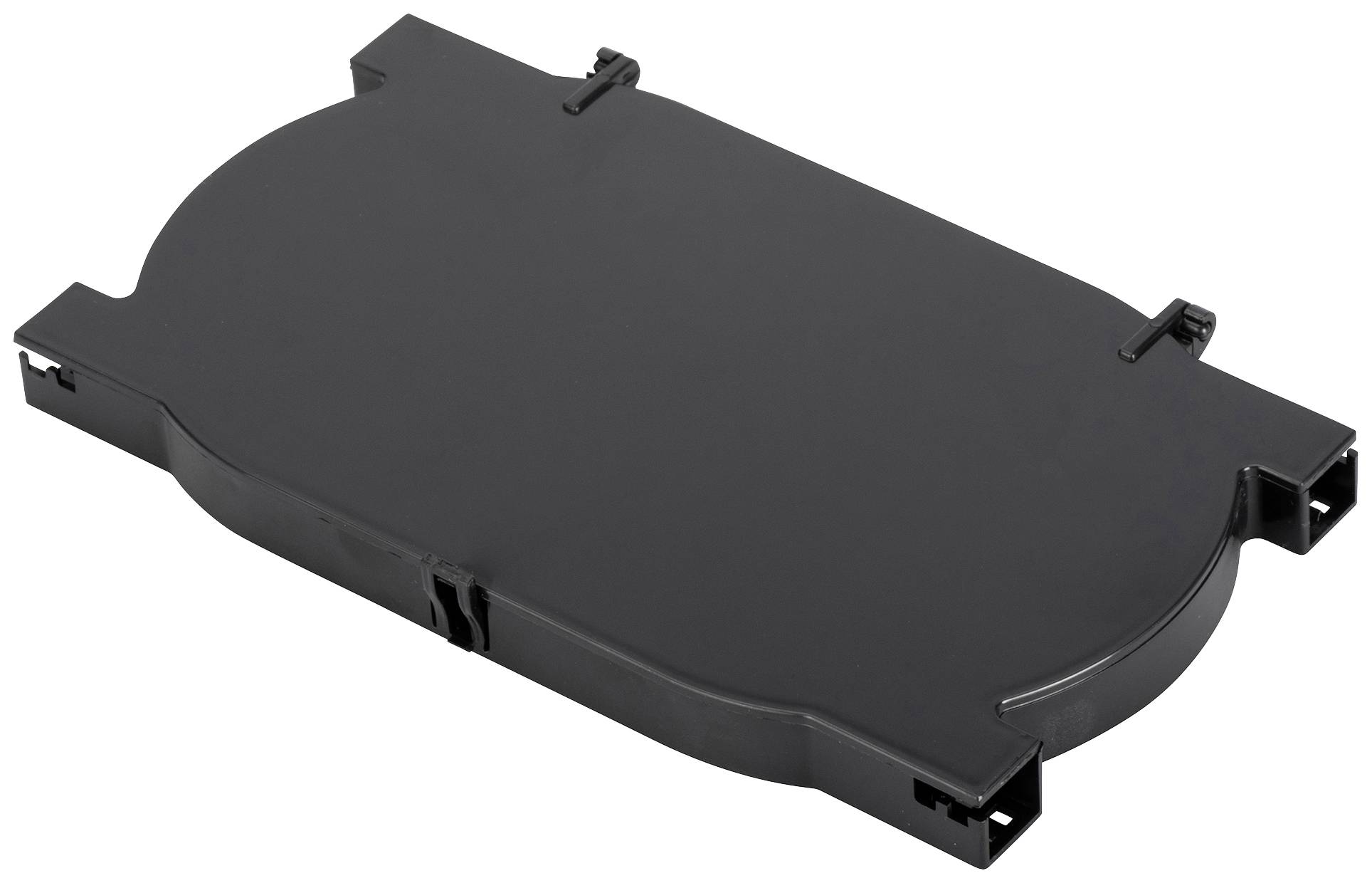 Schwarzes rechteckiges Kunststoffgehäuse mit abgerundeten Ecken und mehreren Befestigungsclips an den Seiten.