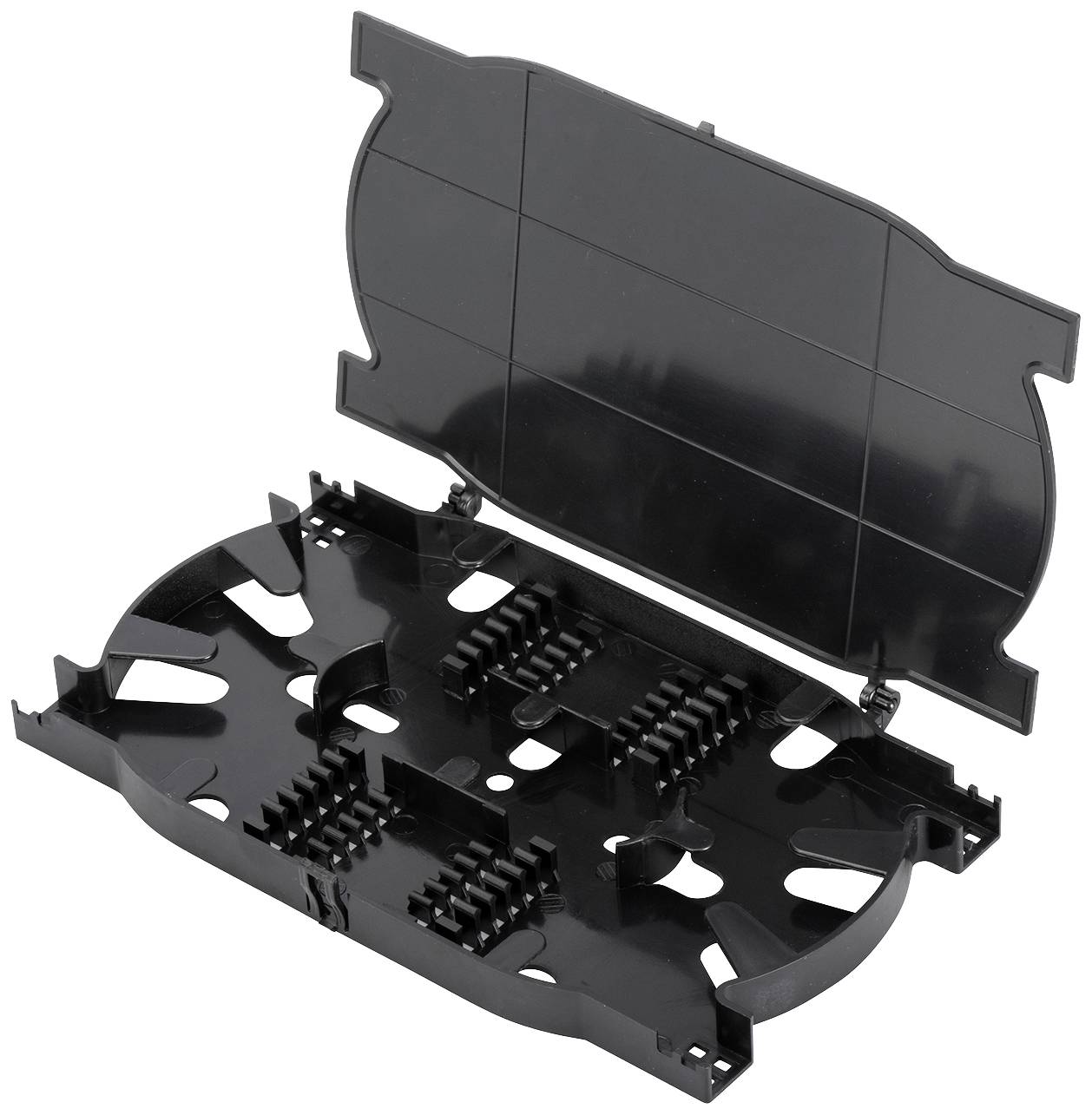 Schwarze Kunststoffkassette mit aufklappbarem Deckel, entworfen für das Management von Lichtwellenleiterkabeln. Interne Fächer zur Kabelorganisation.