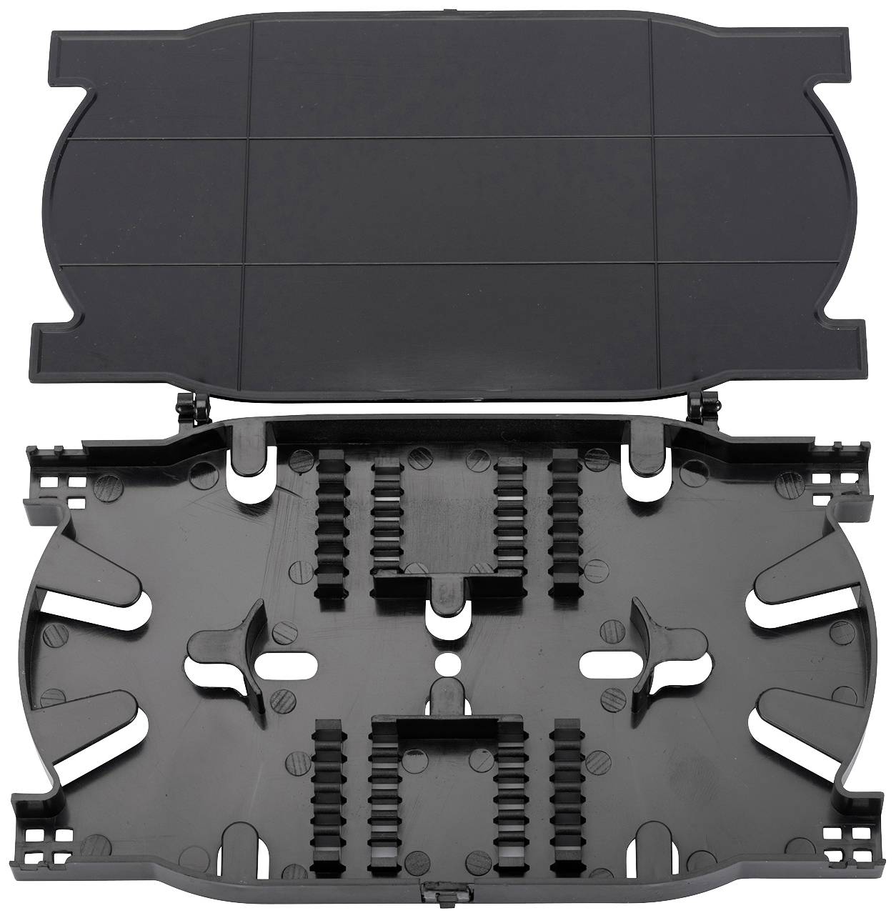 Schwarze Kunststoffabdeckung von oben und unten, mit mehreren Clips und Rillen zur Befestigung.