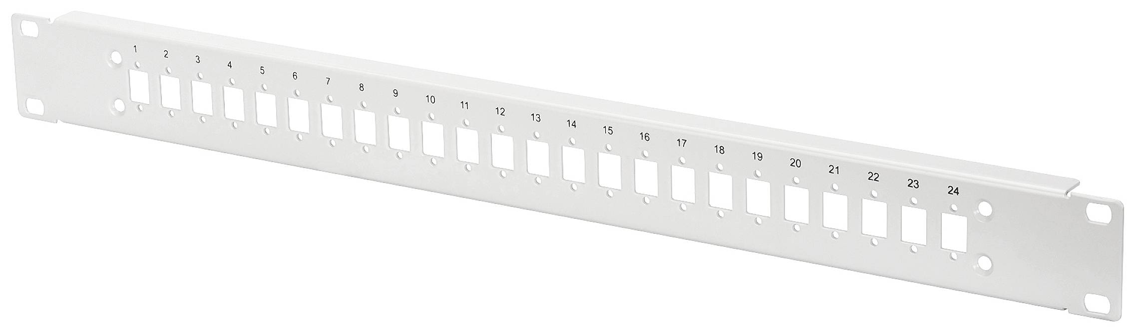 Ein weißes Patchpanel mit 24 nummerierten Ports, die in einer Reihe angeordnet sind.