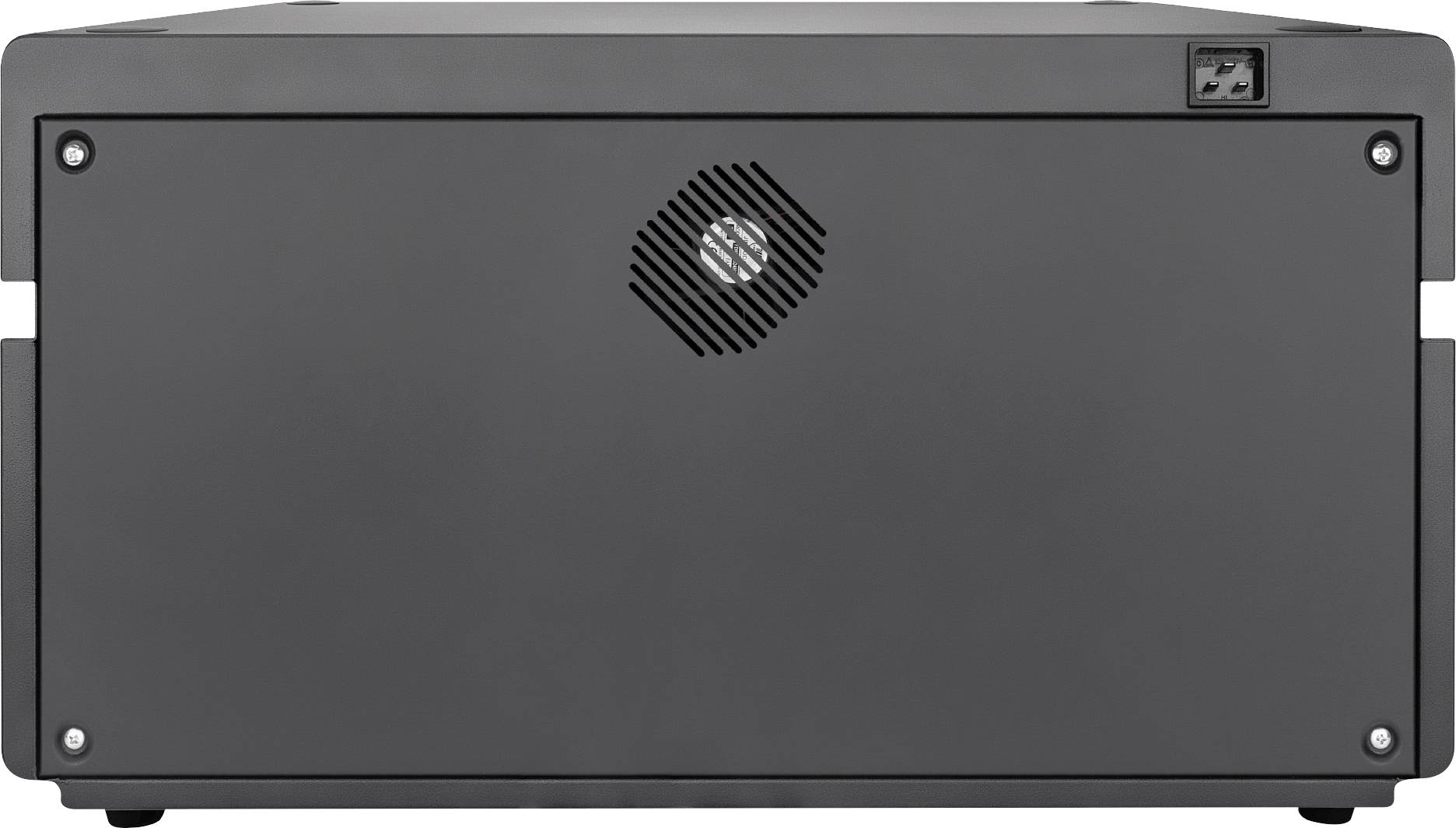 Ein grauer Server- oder Computergehäuse, frontal abgebildet, mit einem Lüftungsgitter und einem Power-Schalter oben rechts.