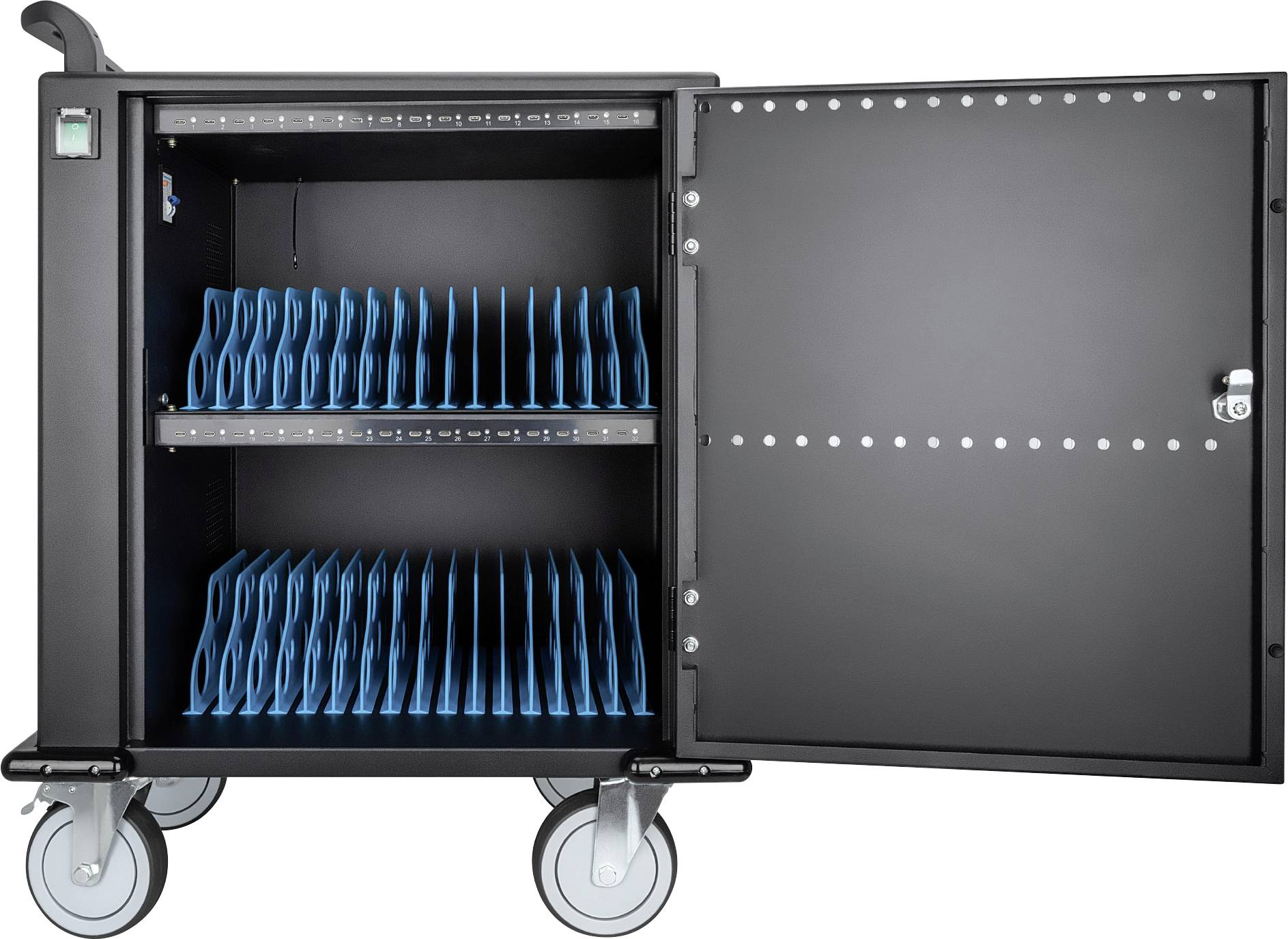 Schwarzer, offener Rollwagen mit zwei Ablagen voller blauer Tabletfächer, ausgestattet mit Schlössern und großen Rollen.