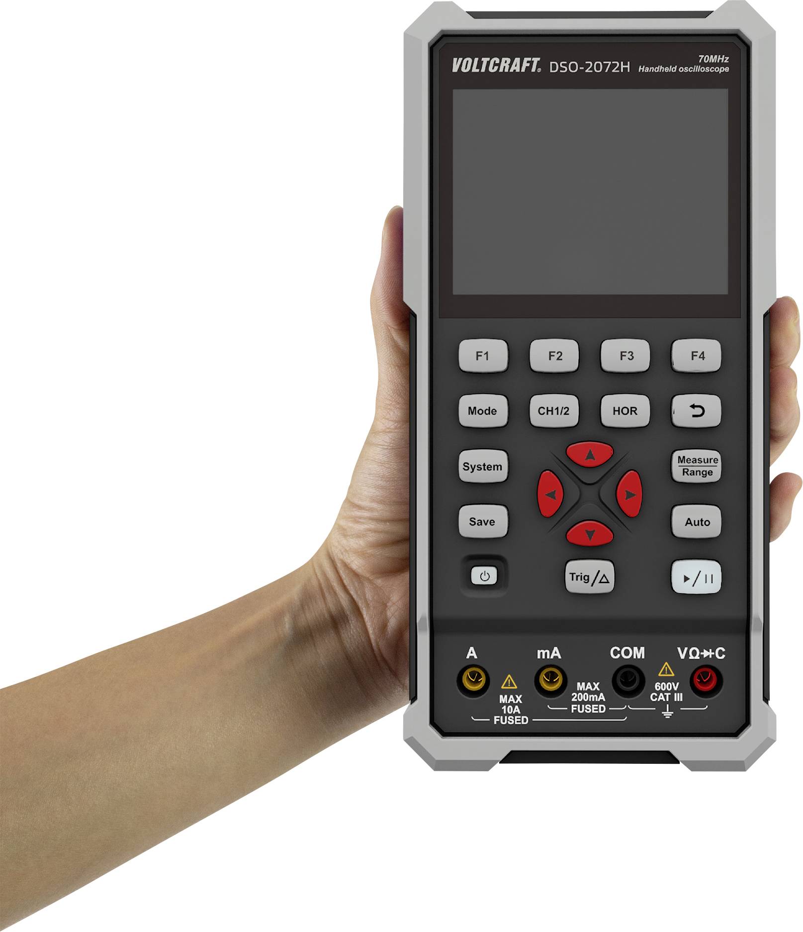 Eine Hand hält ein tragbares Oszilloskop von Voltcraft, Modell DSO-2072H, mit einem großen Display und zahlreichen Bedienknöpfen.