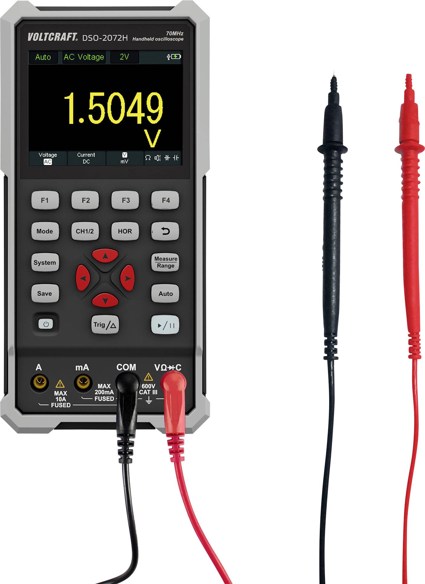 Ein digitales Multimeter zeigt eine Spannung von 1.5049 V an. Links ein schwarzes Messkabel, rechts ein rotes Messkabel.