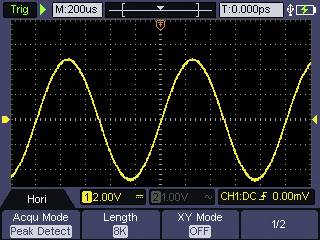 Oszilloskopbildschirm zeigt eine gelbe Sinuswelle mit 1.00 V Amplitude bei 200 µs/Teilung.