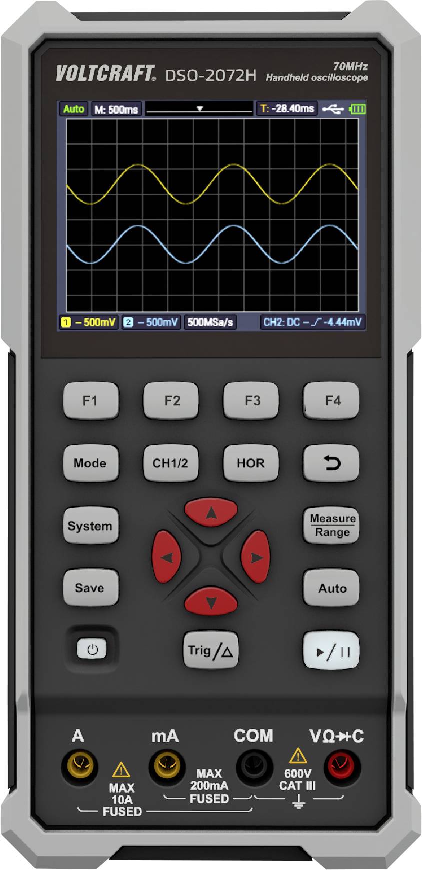 Tragbarer Oszilloskop-Tester mit Display. Zeigt zwei wellenförmige Signale. Verschiedene Bedienknöpfe für Einstellungen. Modell Voltcraft DSO-2072H.