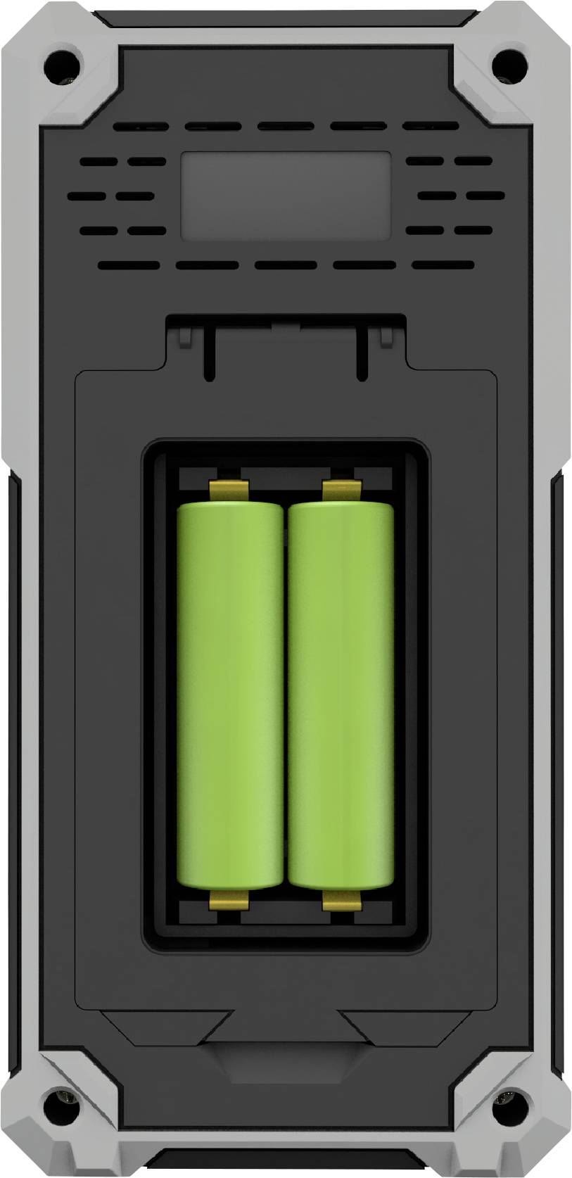 Zwei grüne Batterien sind in einem rechteckigen, schwarzen Gehäuse mit grauen Ecken eingesetzt. Das Gehäuse wirkt robust und industriell.