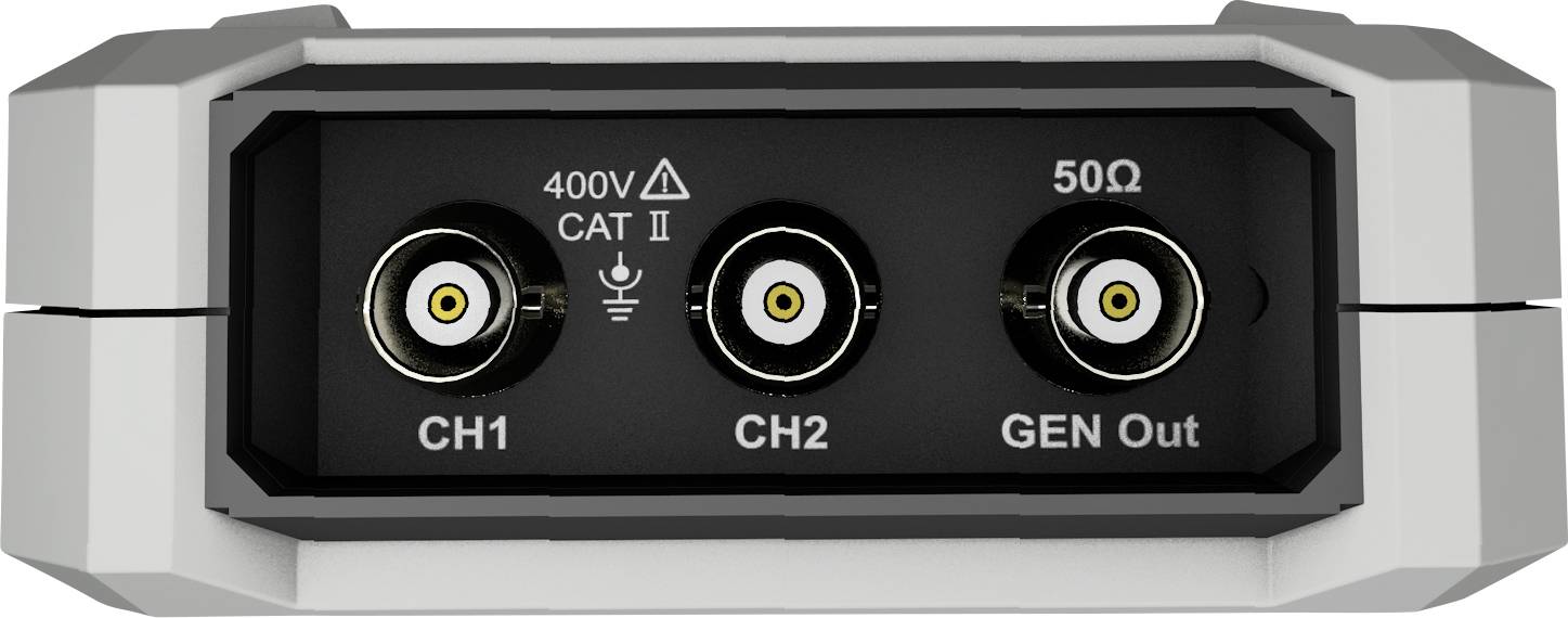 Dreikanaliger Messgerätanschluss mit 'CH1', 'CH2' und 'GEN Out' Steckplätzen, gekennzeichnet als 400V CAT II und 50 Ω.