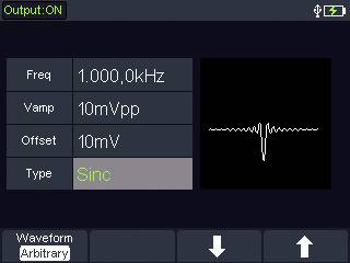 Bildschirm eines Funktionsgenerators. 'Output: ON', Frequenz: 1,000,0 kHz, Spannung: 10mVpp, Offset: 10mV, Typ: Sinc. Wellenformanzeige rechts.