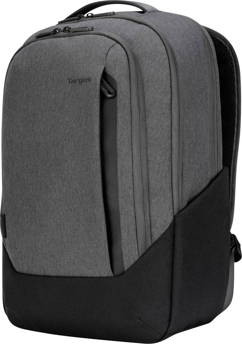 Grauer Laptop-Rucksack mit schwarzen Akzenten und mehreren Fächern. Geeignet für den Transport von Elektronik und Zubehör.