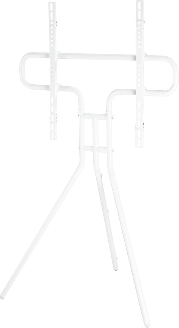 Weißer, dreibeiniger Ständer ohne Bildschirm, geeignet für die Befestigung eines Fernsehgeräts oder Monitors.