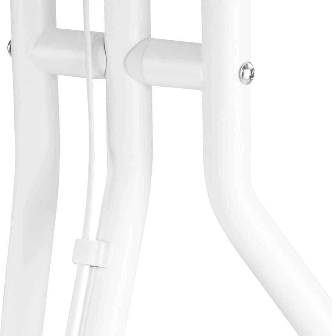 Ein weißes Metallgestell mit mehreren runden Stangen und Schrauben. Ein Kabel verläuft entlang der Stangen.